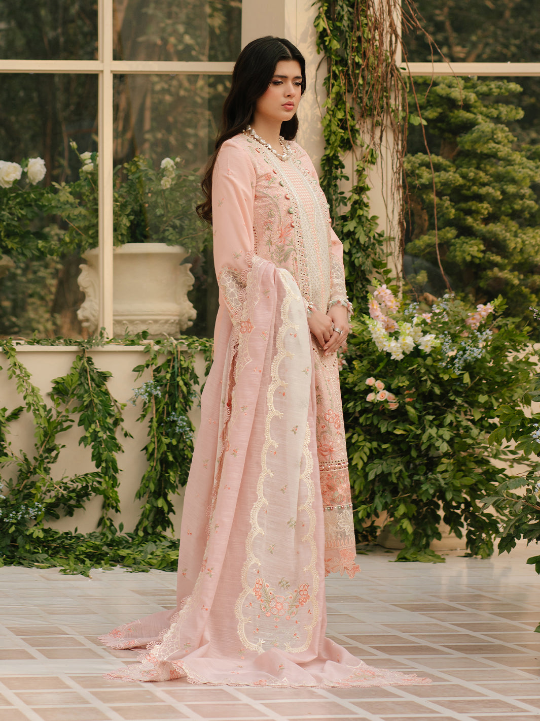 Bin Ilyas | Freesia Embroidered Lawn 25 | 101 - A S Peach Pink Lawn
