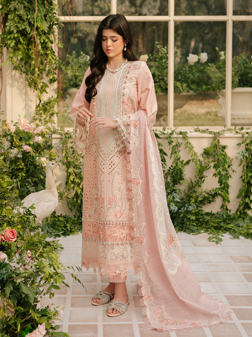 Bin Ilyas | Freesia Embroidered Lawn 25 | 101 - A L Peach Pink Lawn