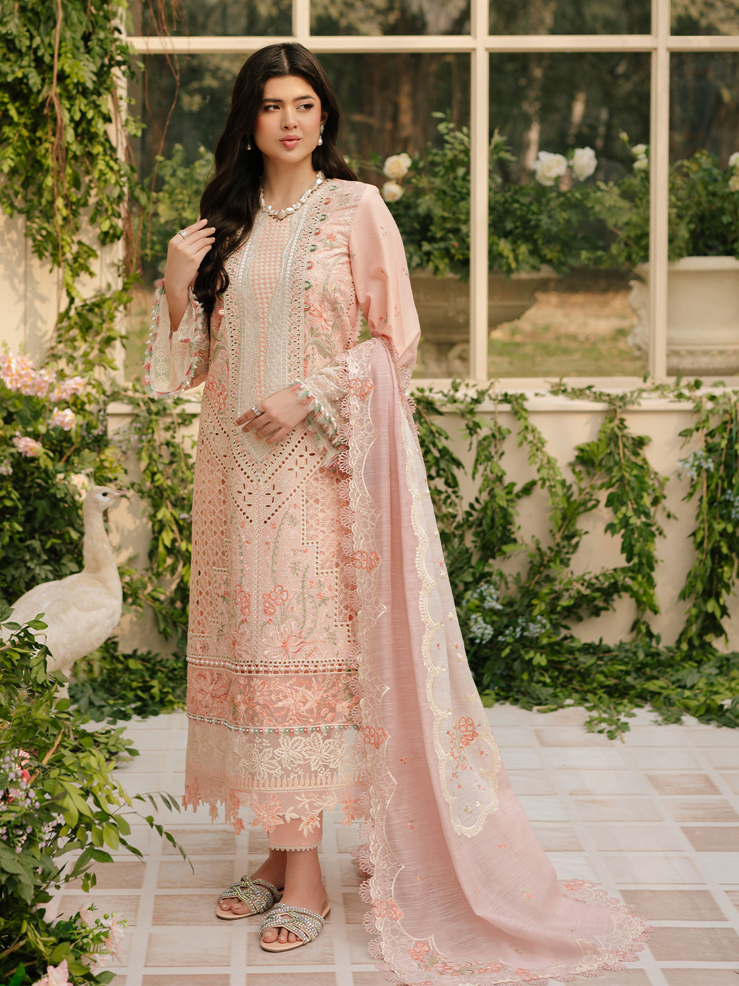 Bin Ilyas | Freesia Embroidered Lawn 25 | 101 - A XL Peach Pink Lawn