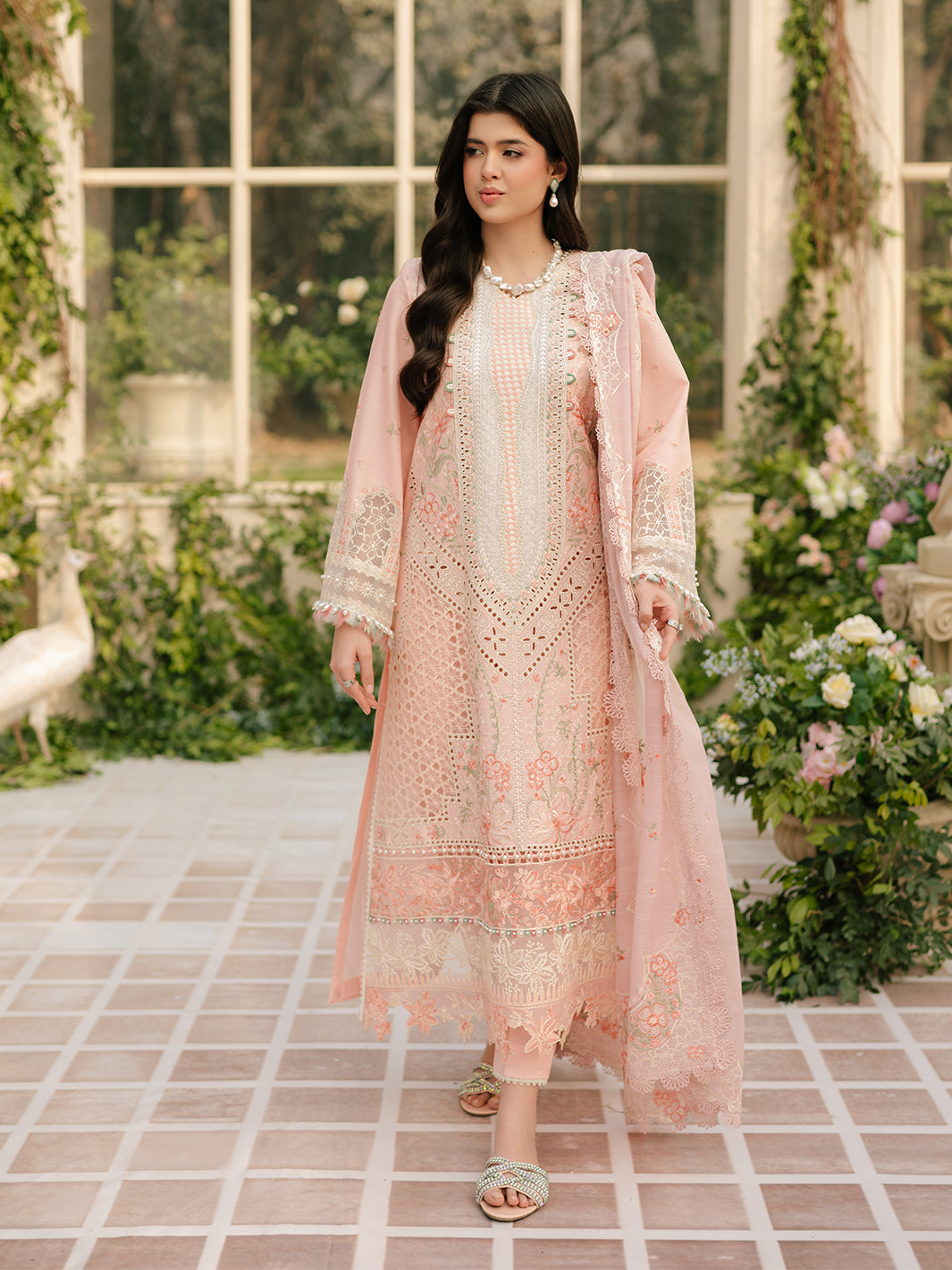 Bin Ilyas | Freesia Embroidered Lawn 25 | 101 - A XS Peach Pink Lawn
