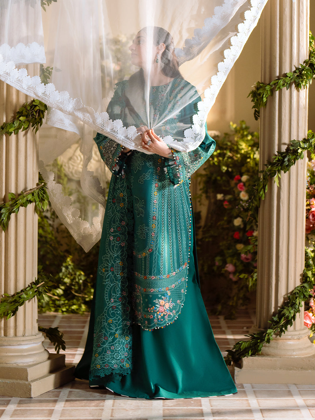 Bin Ilyas | Freesia Embroidered Lawn 25 | 102 - A Custom Size Teal Green Lawn