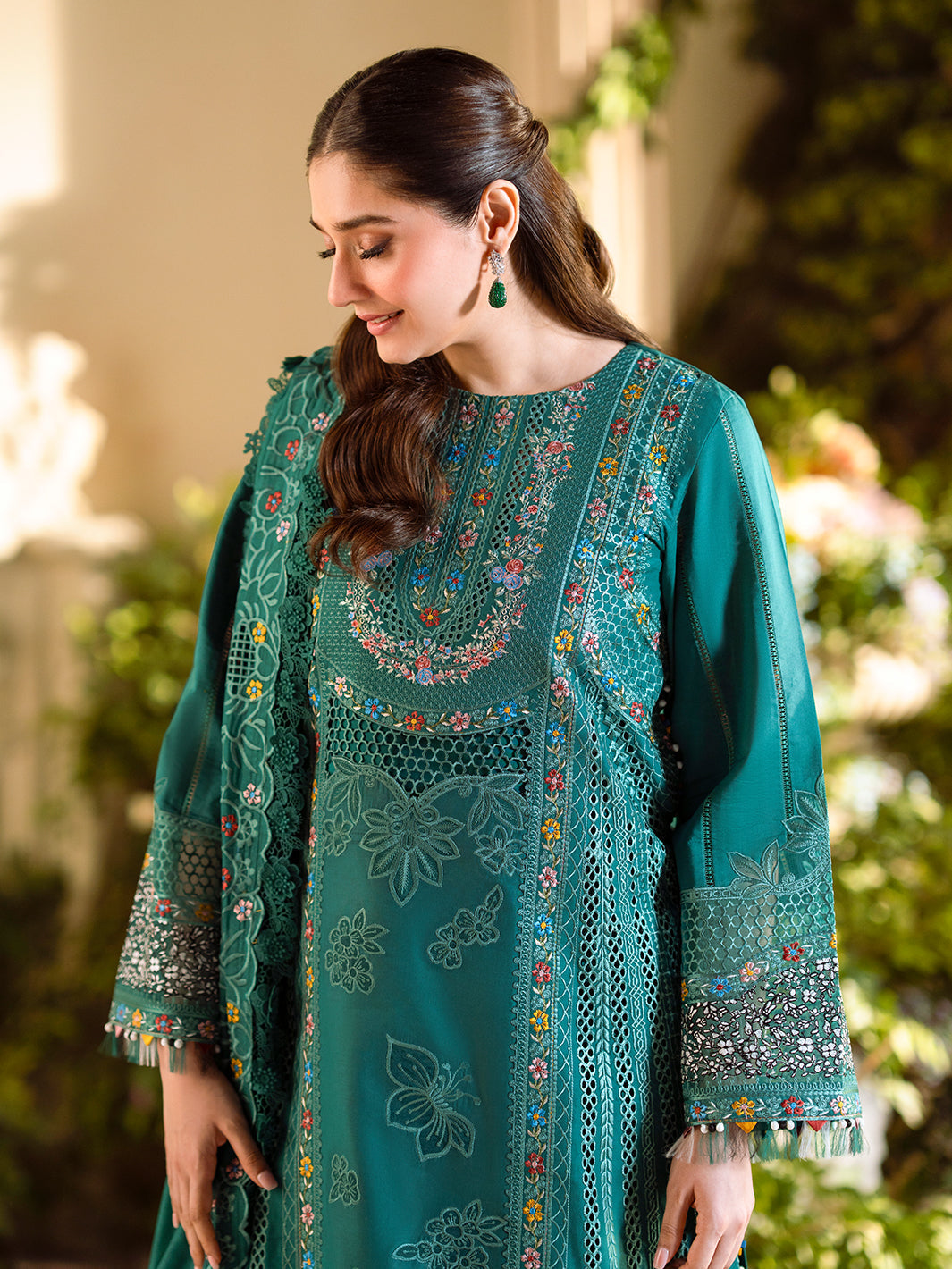 Bin Ilyas | Freesia Embroidered Lawn 25 | 102 - A XL Teal Green Lawn