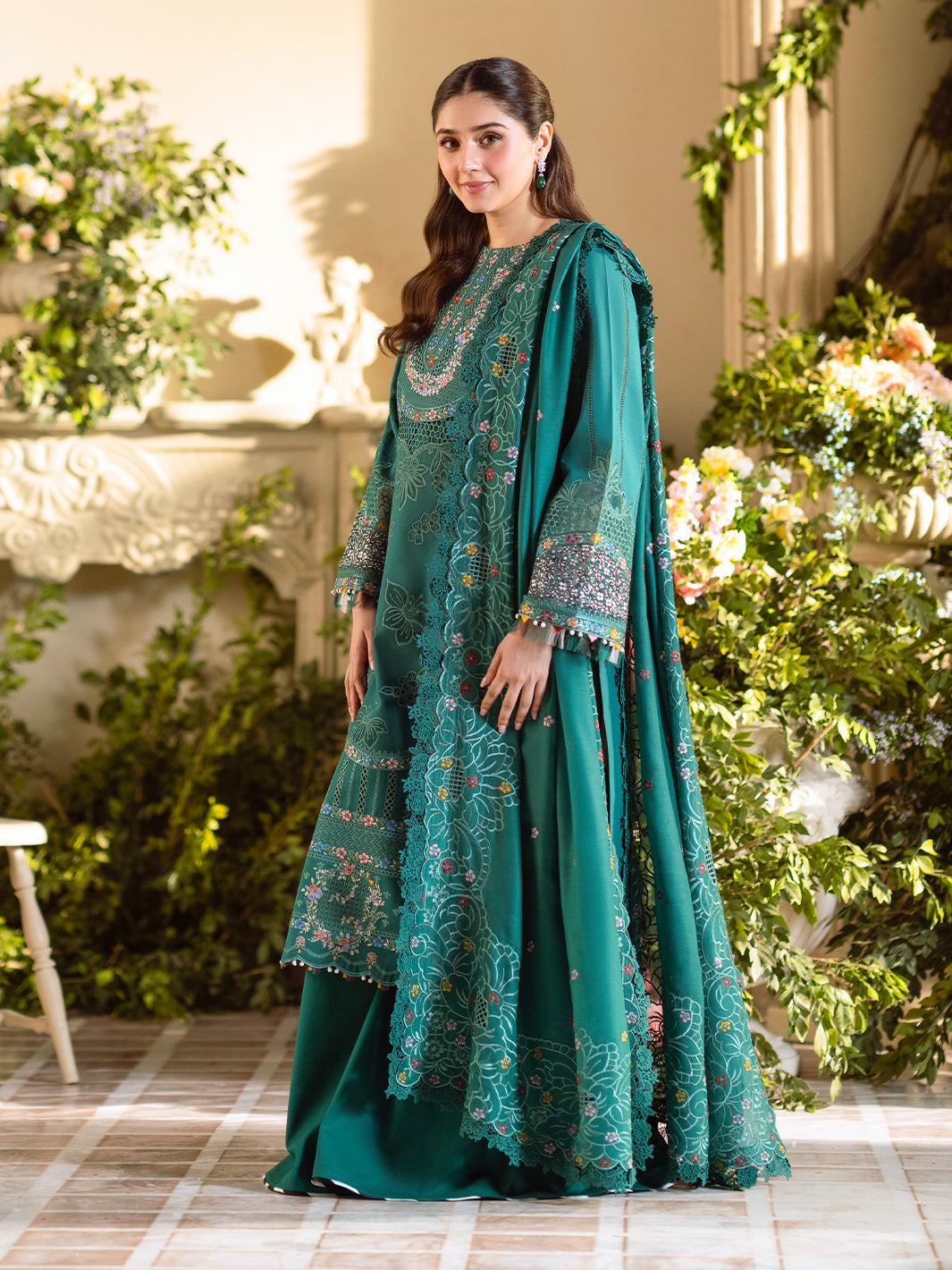Bin Ilyas | Freesia Embroidered Lawn 25 | 102 - A S Teal Green Lawn