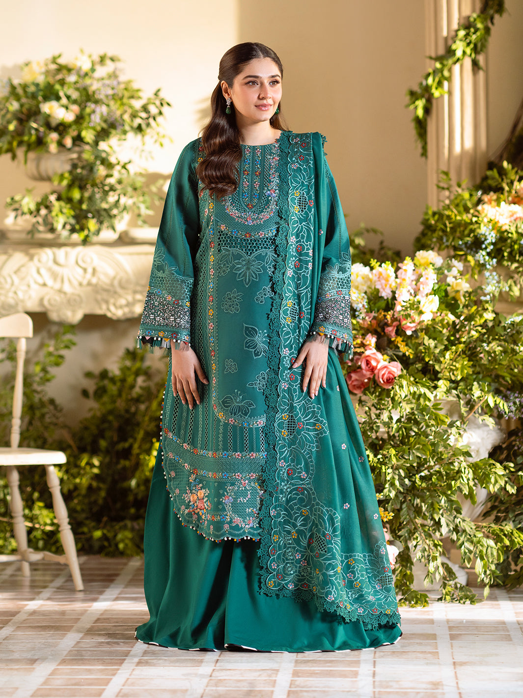 Bin Ilyas | Freesia Embroidered Lawn 25 | 102 - A XS Teal Green Lawn