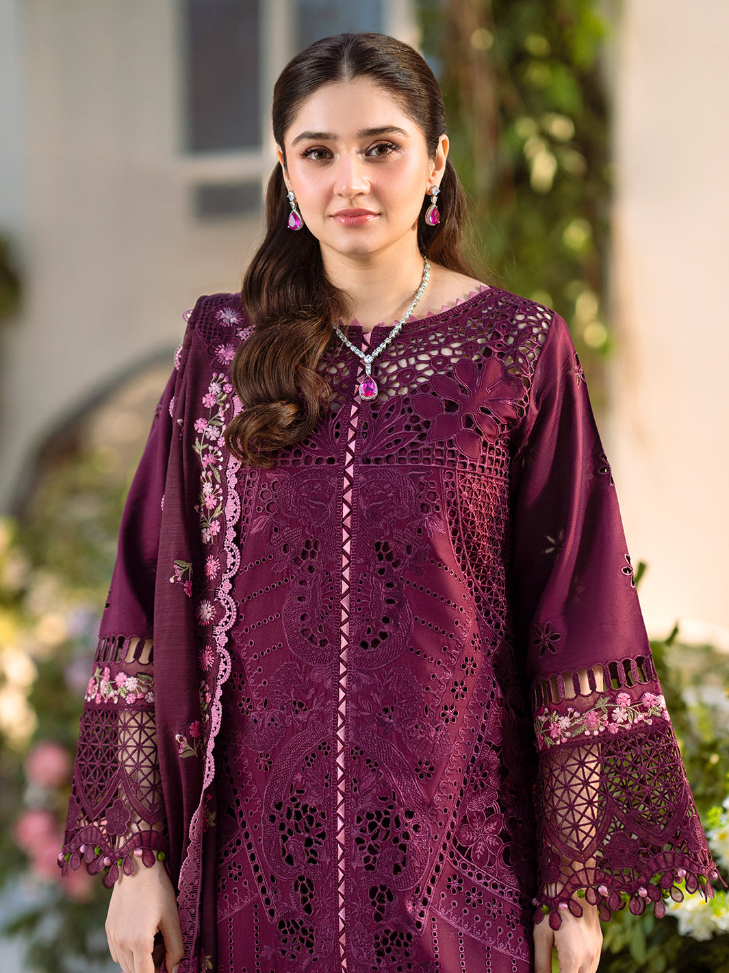 Bin Ilyas | Freesia Embroidered Lawn 25 | 106 - A L Wine Berry Lawn