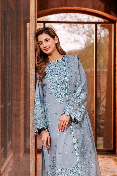 Farasha | Dastoor Embroidered Lawn SS24 | BERYL GREY - Pakistani Designer Dress - by Farasha | Type: Luxury - 100% Original at Saira Sultan