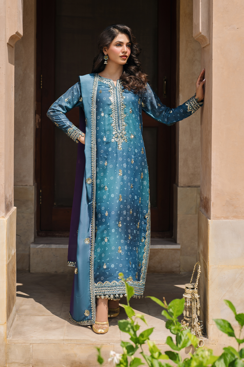 Iznik | Bandhani Formals | UE-335 M Teal Blue Chiffon