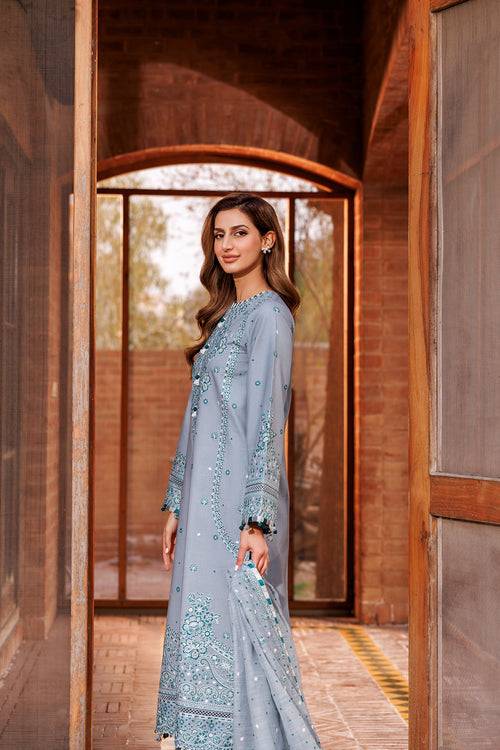 Farasha | Dastoor Embroidered Lawn SS24 | BERYL GREY - Pakistani Designer Dress - by Farasha | Type: Luxury - 100% Original at Saira Sultan