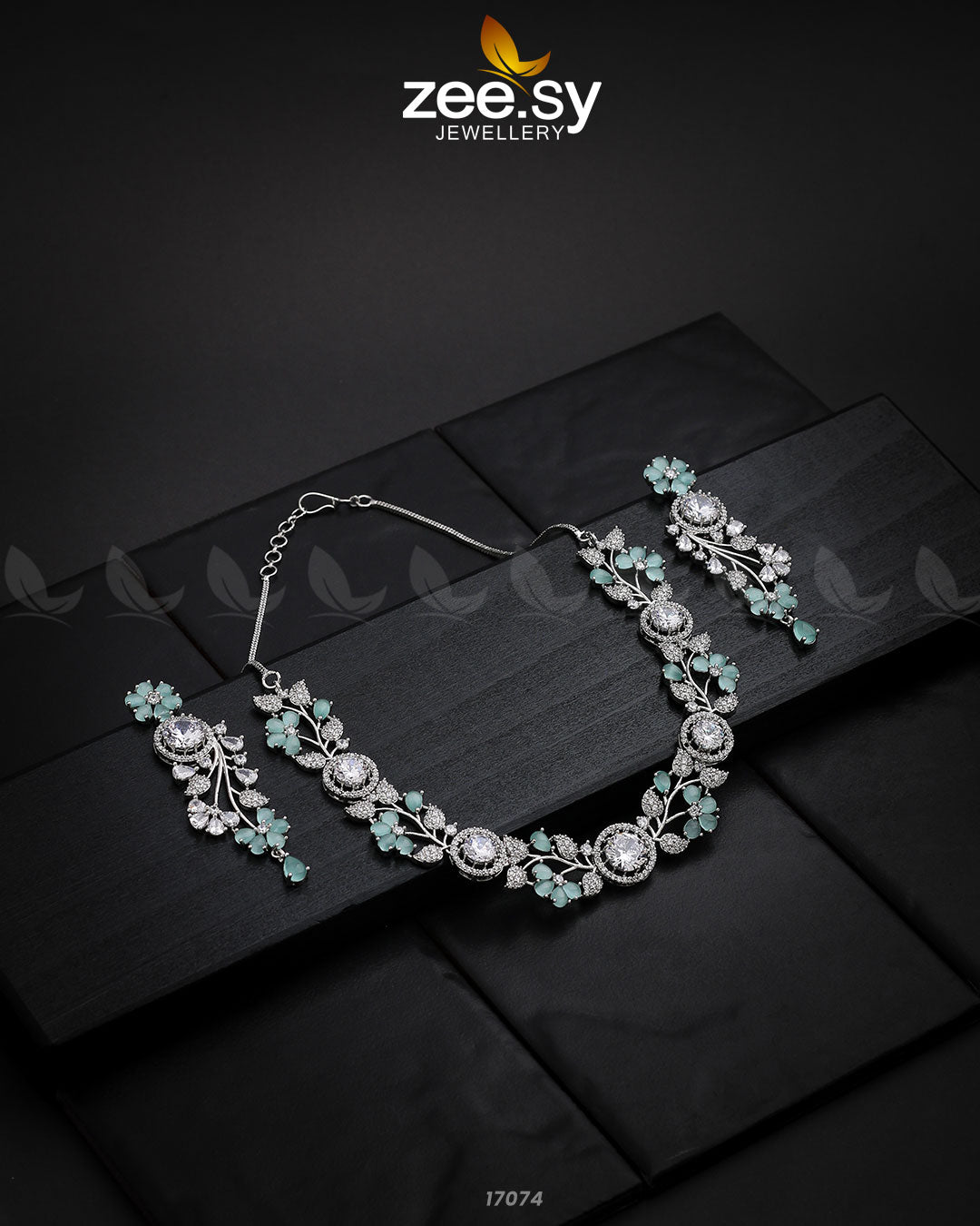 Noorani Zircon Necklace Silver Mint Green
