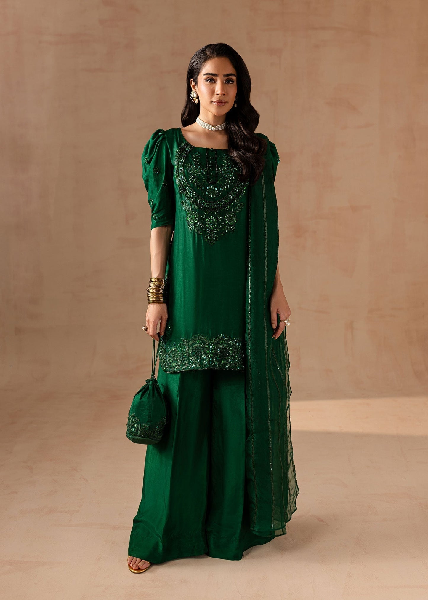 Maria Osama Khan | Noir Bliss Luxury Formals | Emerald Green XS Bottle Green Raw Silk