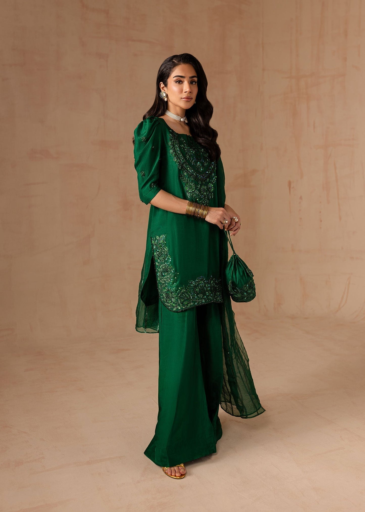 Maria Osama Khan | Noir Bliss Luxury Formals | Emerald Green L Bottle Green Raw Silk