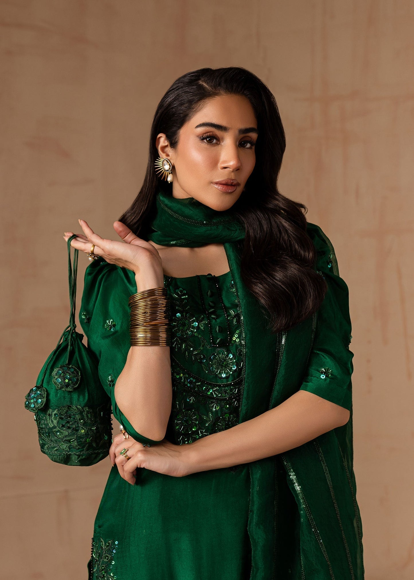 Maria Osama Khan | Noir Bliss Luxury Formals | Emerald Green M Bottle Green Raw Silk