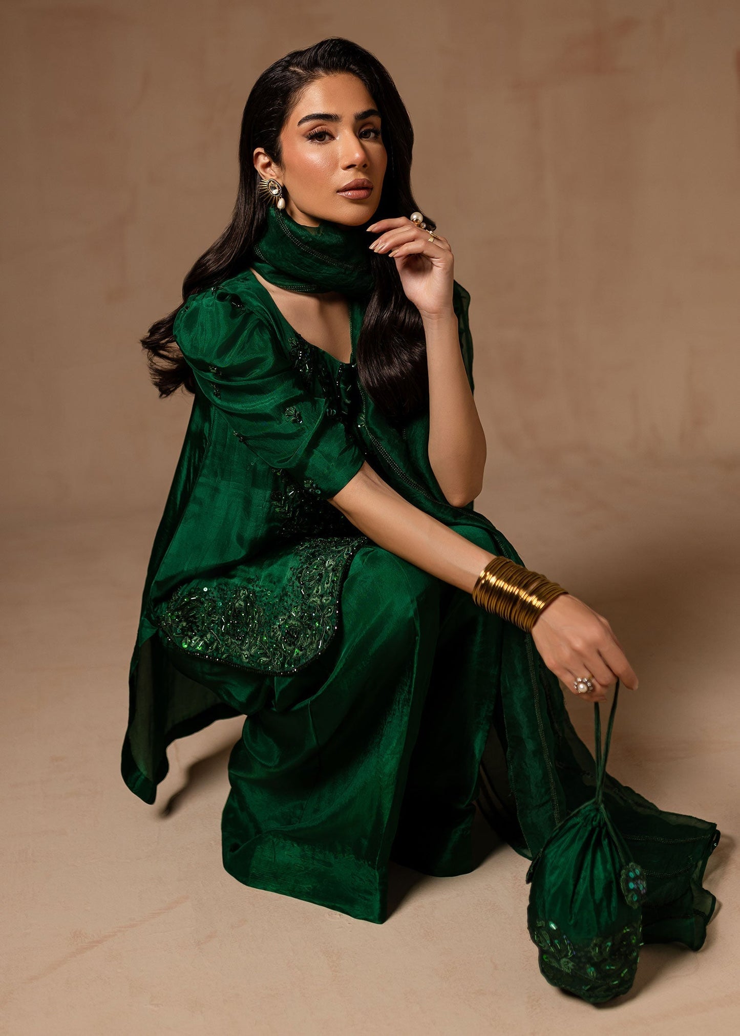 Maria Osama Khan | Noir Bliss Luxury Formals | Emerald Green XL Bottle Green Raw Silk