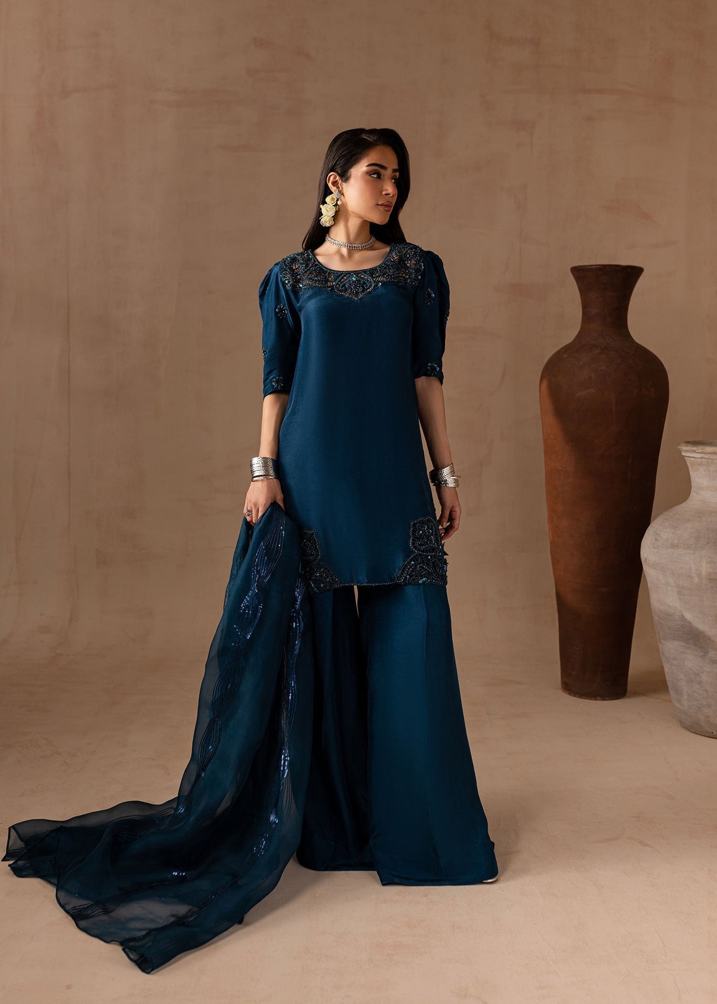 Maria Osama Khan | Noir Bliss Luxury Formals | Royal Sapphire XS Teal Raw Silk