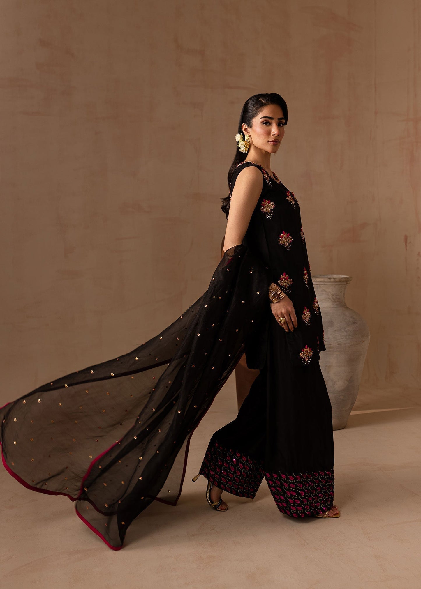 Maria Osama Khan | Noir Bliss Luxury Formals | Charcoal Charm XL Black Raw Silk