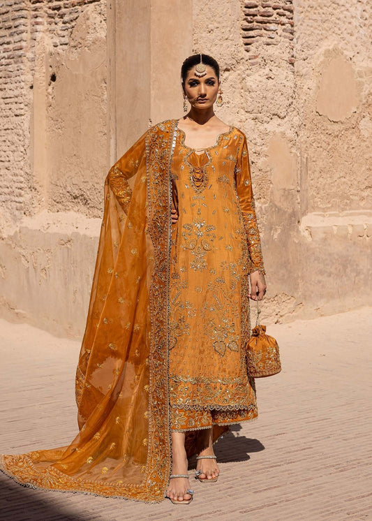 Akbar Aslam | Dastaan Luxury Formals | Zarmisha XS Deep Saffron Silk