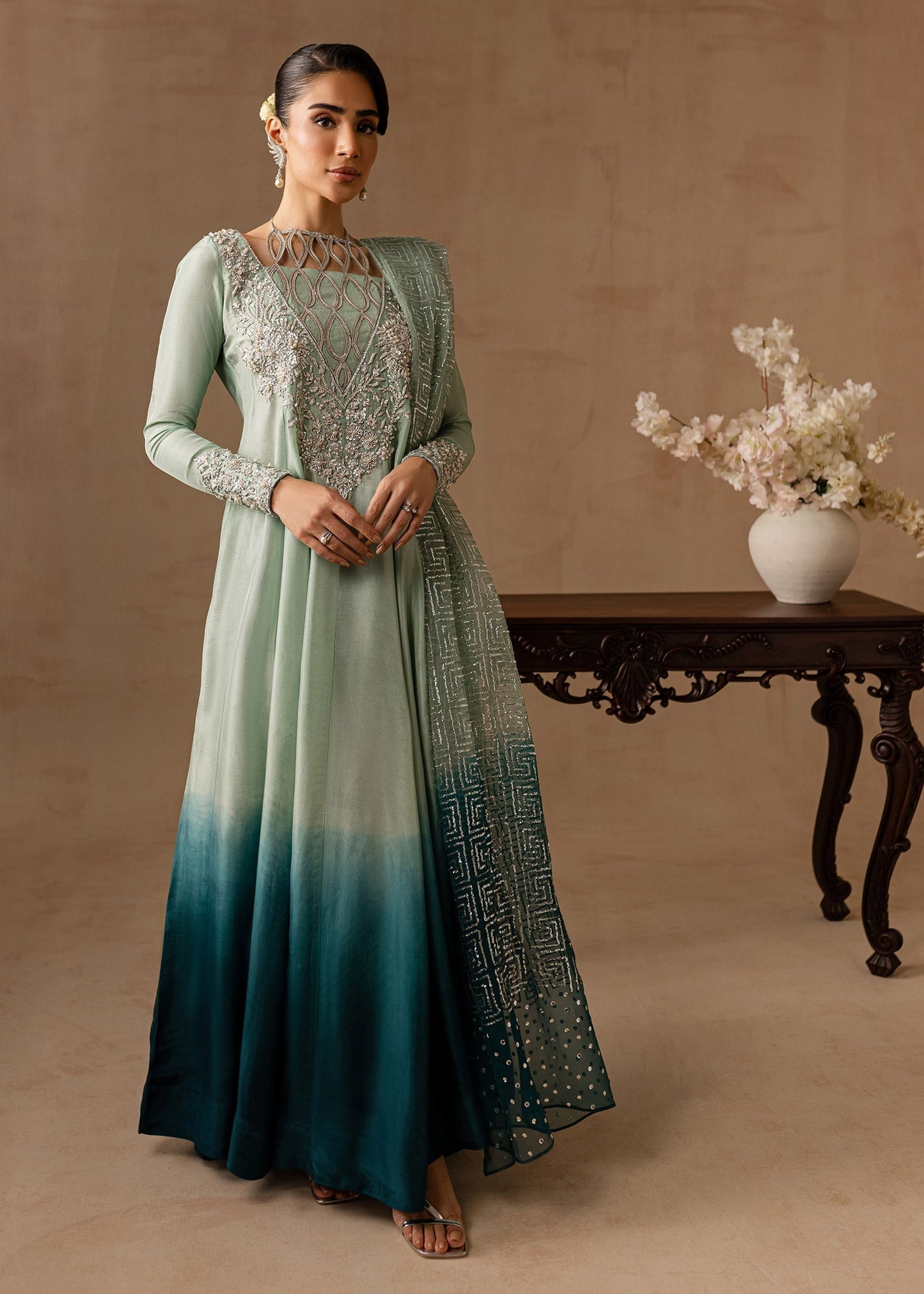 Maria Osama Khan | Noir Bliss Luxury Formals | Aazure XS Teal Raw Silk