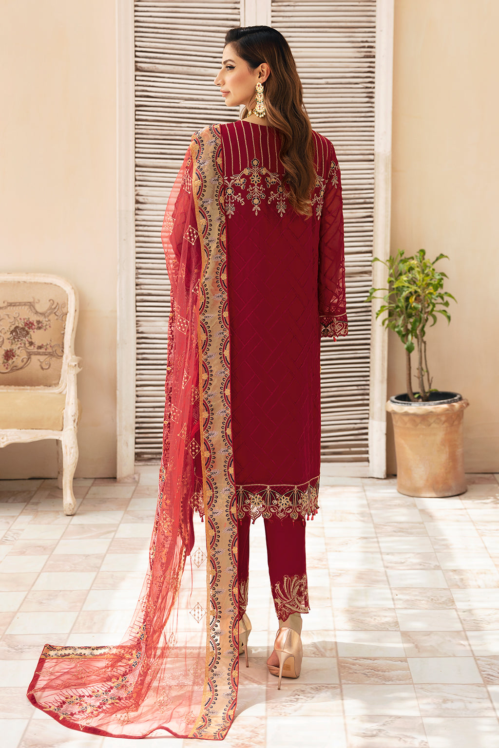 Ramsha | Chevron Chiffon Collection | A-907 S Haute Red Chiffon