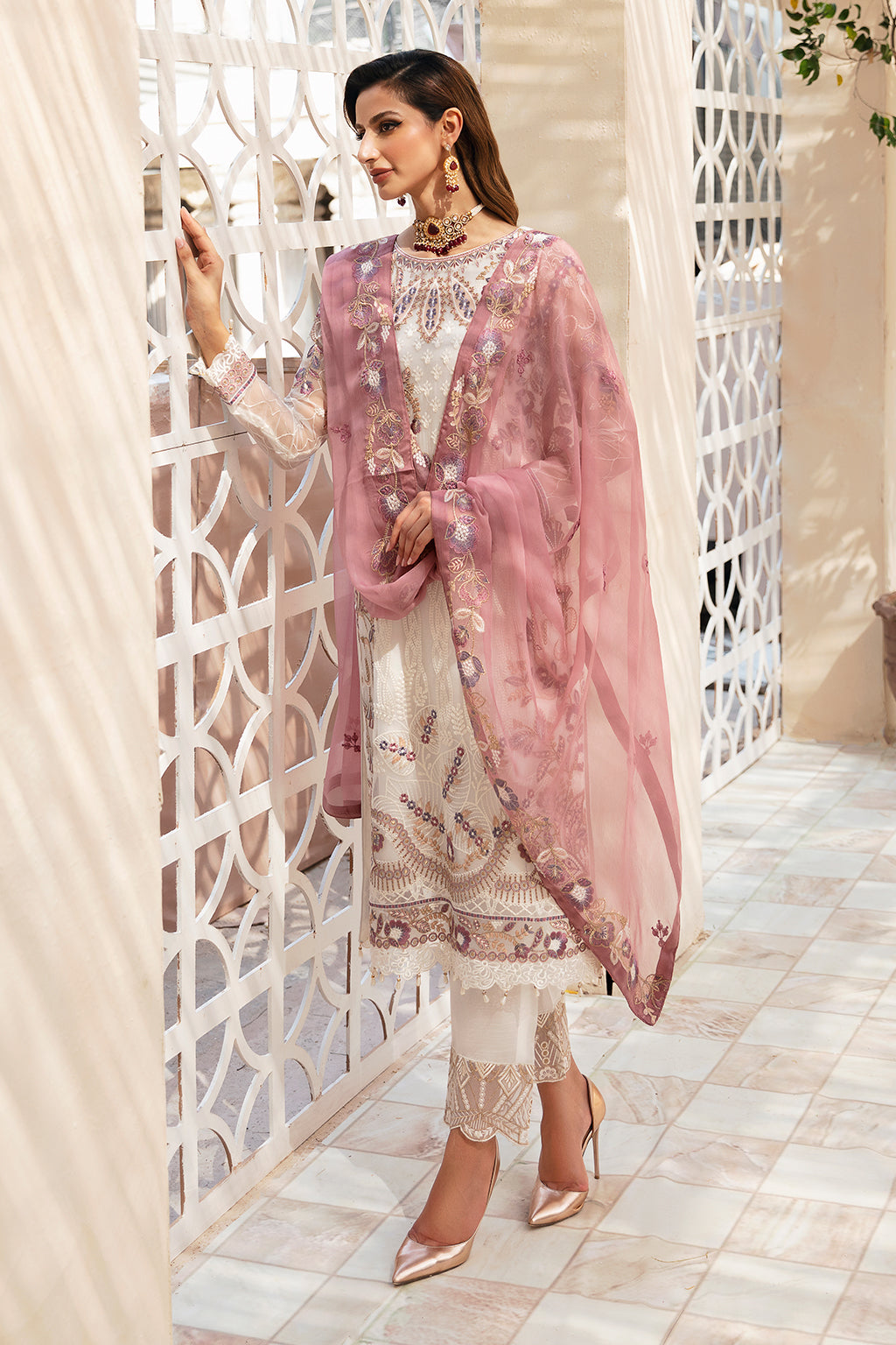 Ramsha | Chevron Chiffon Collection | A-902 XL Ivory Chiffon