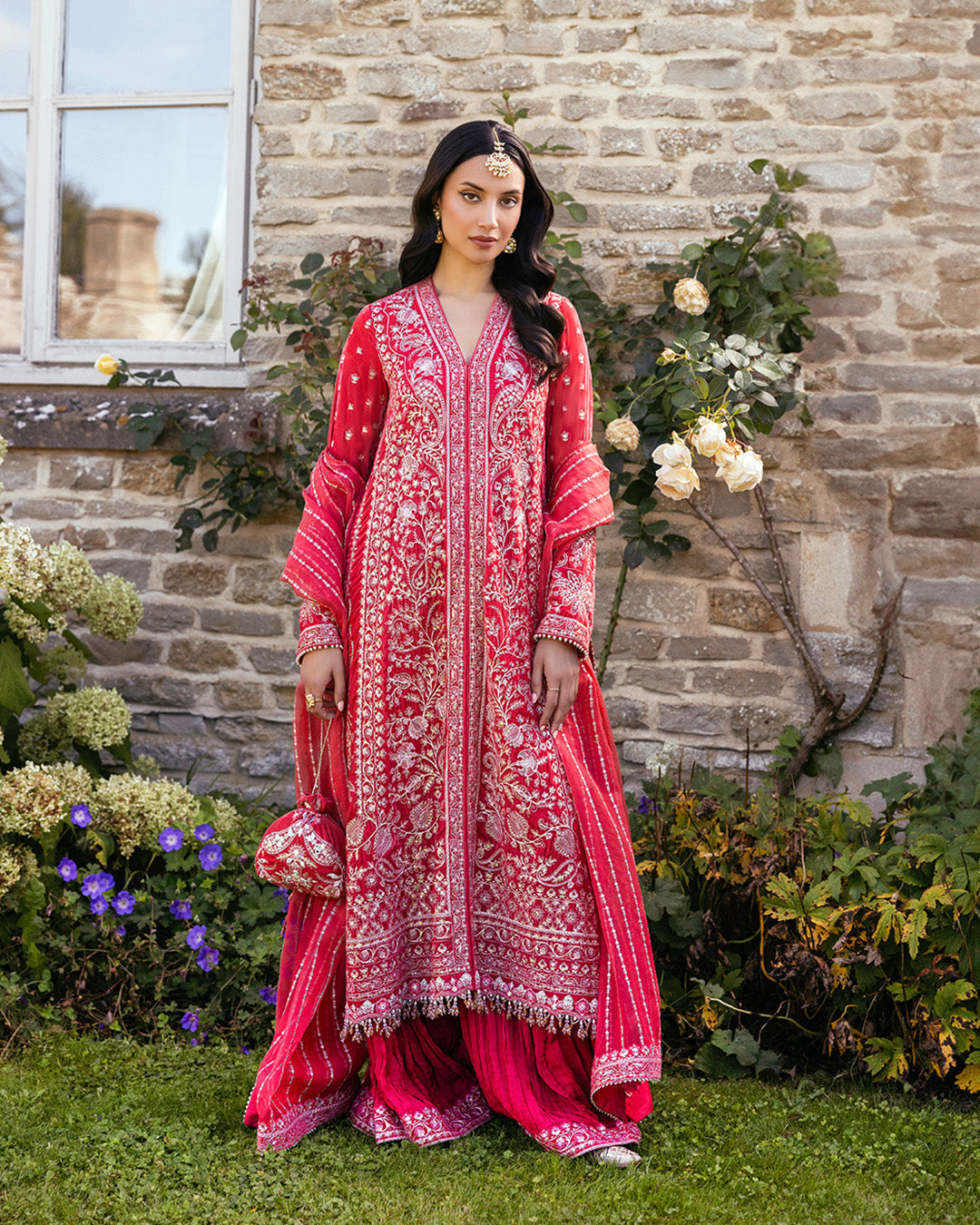 Faiza Saqlain | Adeen Formals | Alannah XS Coral Red Embroidered Velvet