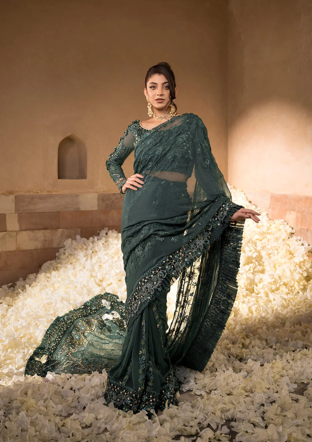 Elaf Premium | Formal Handwork Collection | EFH-01 JAHAN ARA XL Bottle Green Chiffon