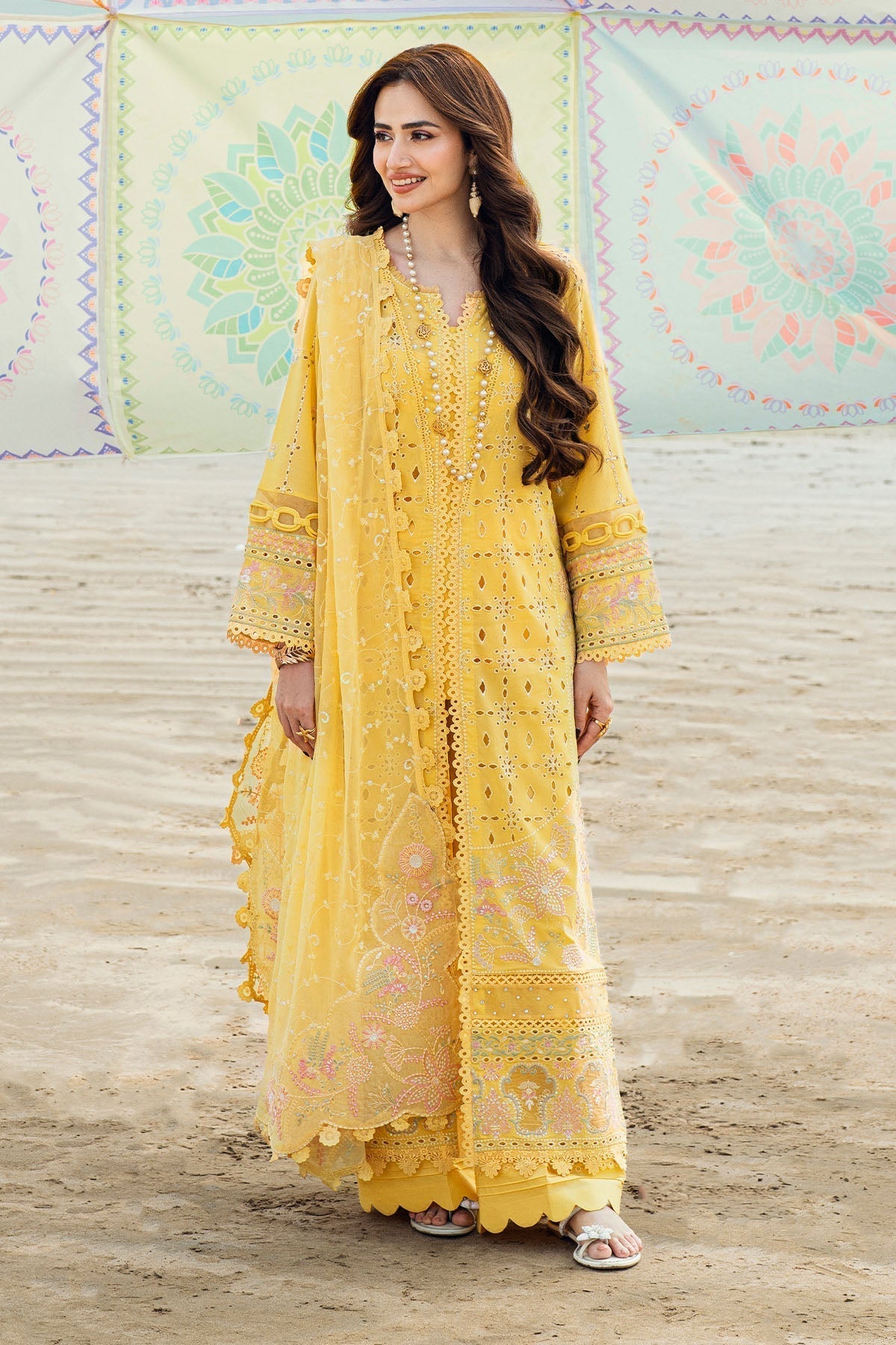 Nureh | Khuwab Luxury Lawn | NE-144 XS Lime Yellow Kalidar Long Gown