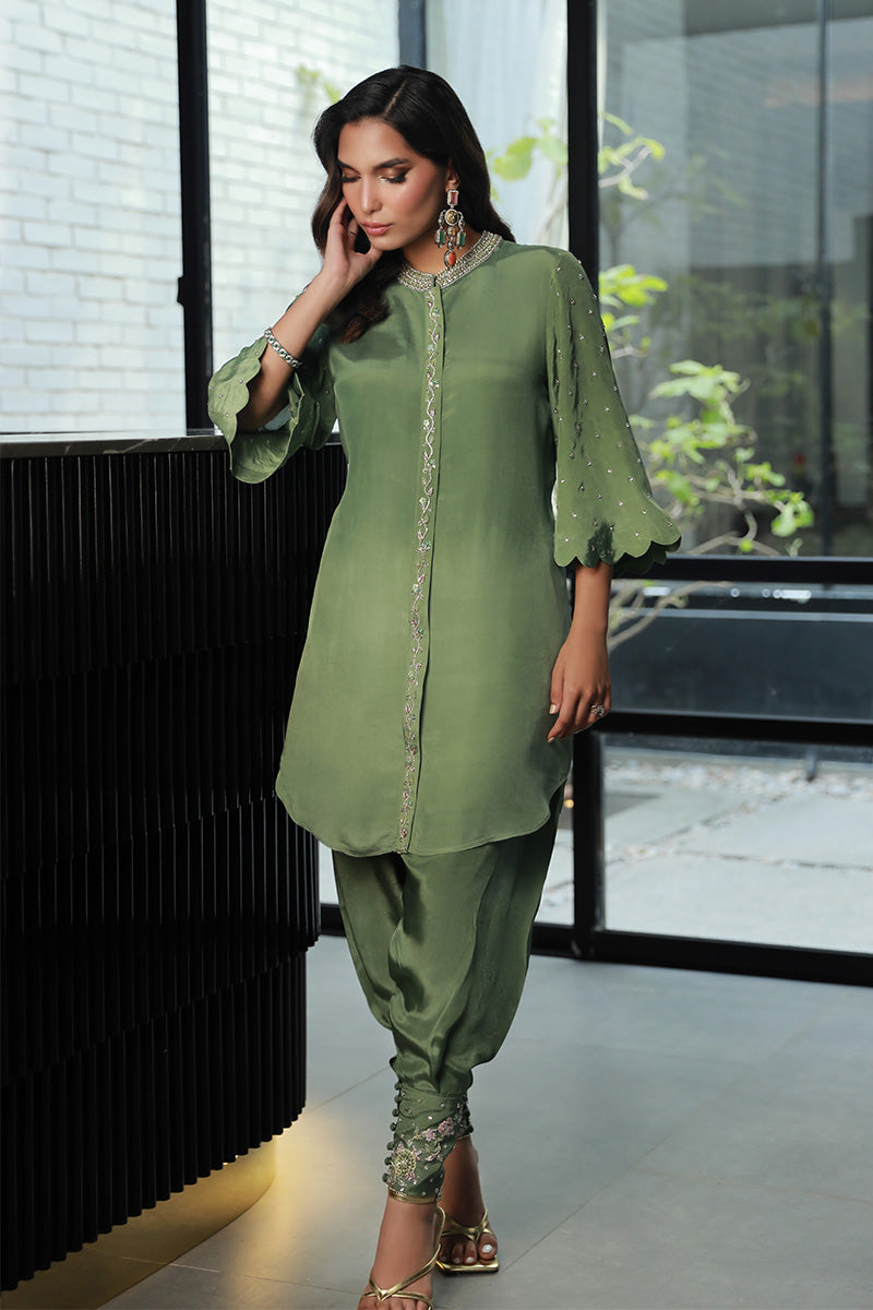 Wardha Saleem | Luxury Pret Traditional Wear | RAYA (2PC) Custom Size Pistachio Green Crepe Silk