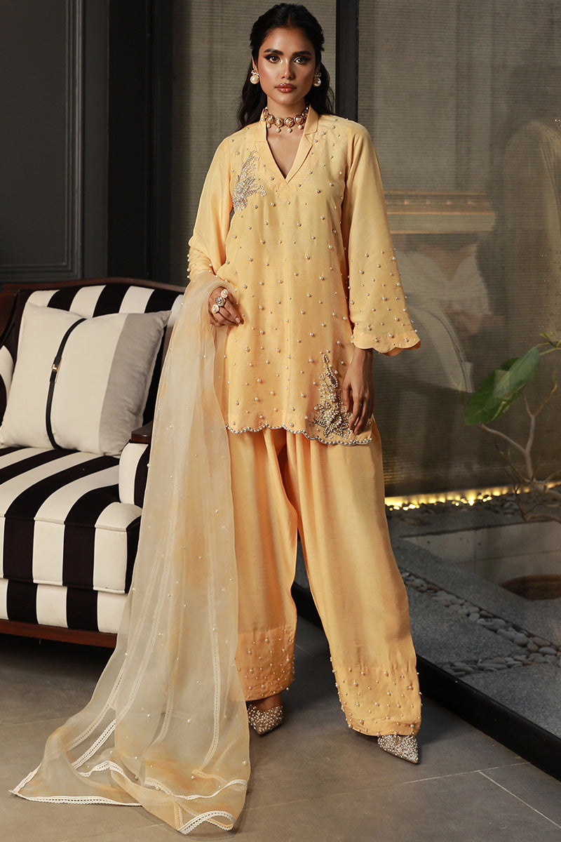 Wardha Saleem | Luxury Pret Traditional Wear | ZARIA XS Pale Yellow Korean Raw Silk