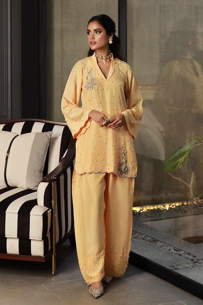 Wardha Saleem | Luxury Pret Traditional Wear | ZARIA XL Pale Yellow Korean Raw Silk