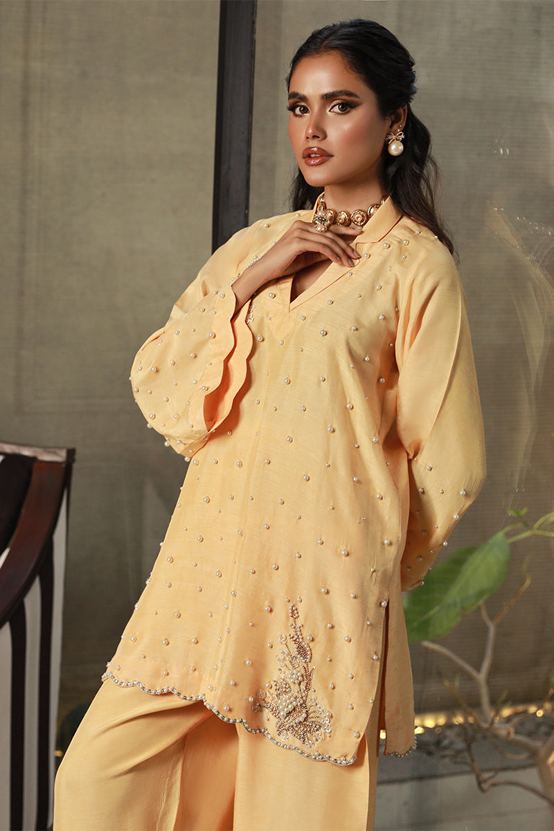 Wardha Saleem | Luxury Pret Traditional Wear | ZARIA L Pale Yellow Korean Raw Silk