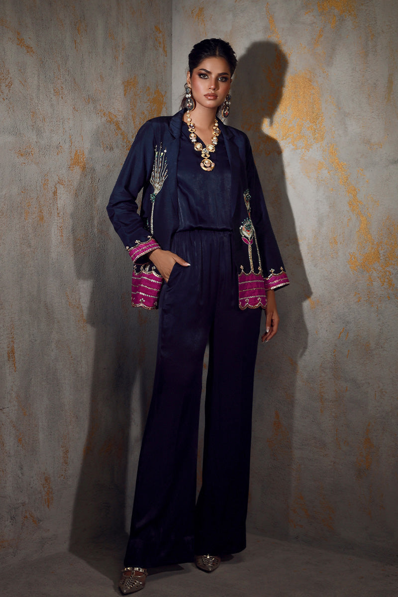 Wardha Saleem | Luxury Pret Fusion Wear | VERA XS Navy Blue Korean Silk
