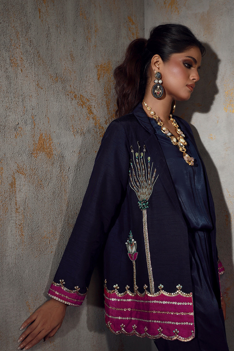 Wardha Saleem | Luxury Pret Fusion Wear | VERA L Navy Blue Korean Silk