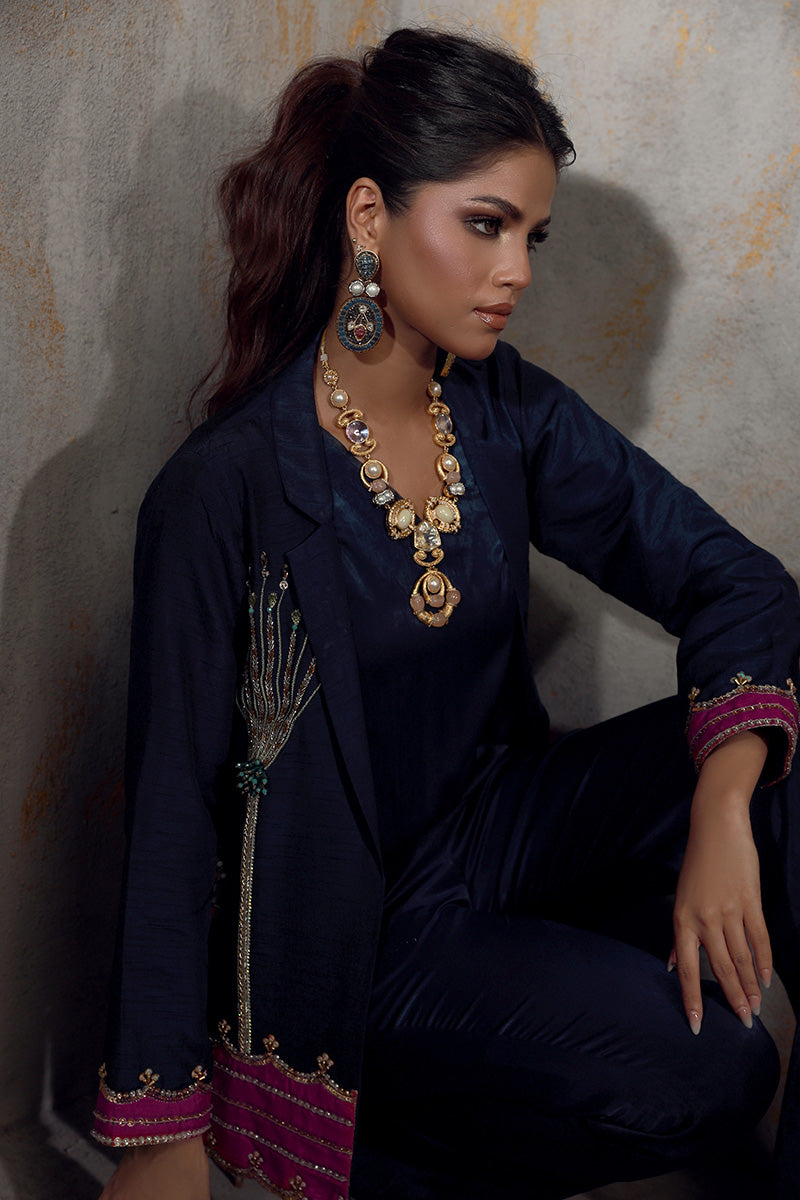 Wardha Saleem | Luxury Pret Fusion Wear | VERA XL Navy Blue Korean Silk
