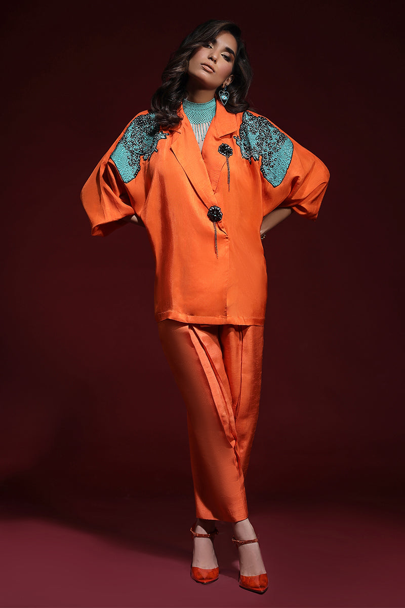 Wardha Saleem | Luxury Pret Fusion Wear | PANTHERA (ORANGE) CORD-SET (2PC) XS Orange Korean Silk