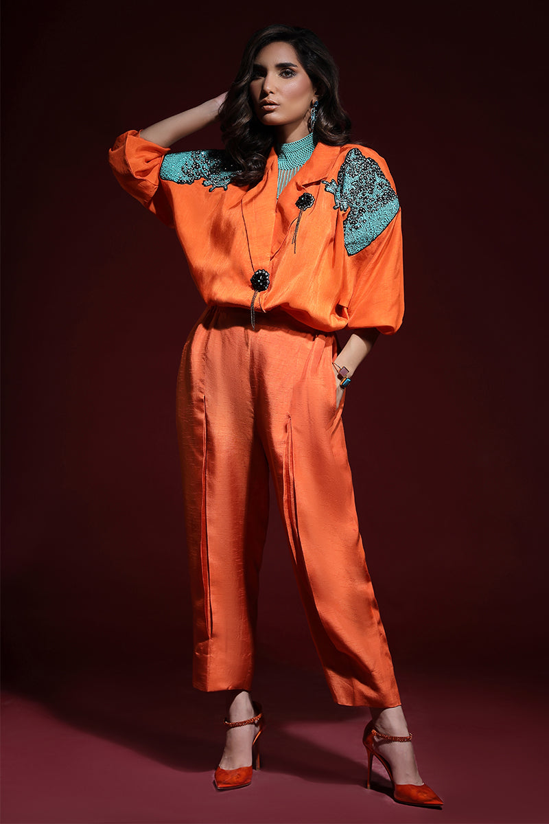Wardha Saleem | Luxury Pret Fusion Wear | PANTHERA (ORANGE) CORD-SET (2PC) S Orange Korean Silk