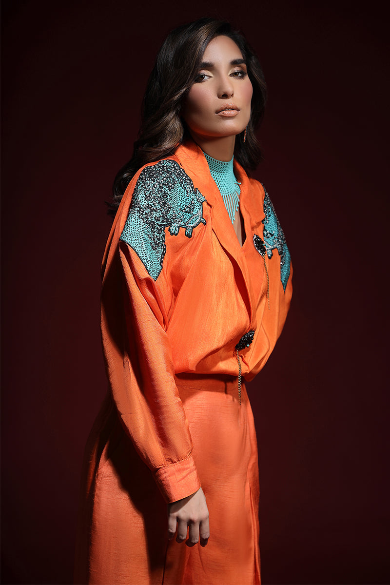 Wardha Saleem | Luxury Pret Fusion Wear | PANTHERA (ORANGE) CORD-SET (2PC) M Orange Korean Silk