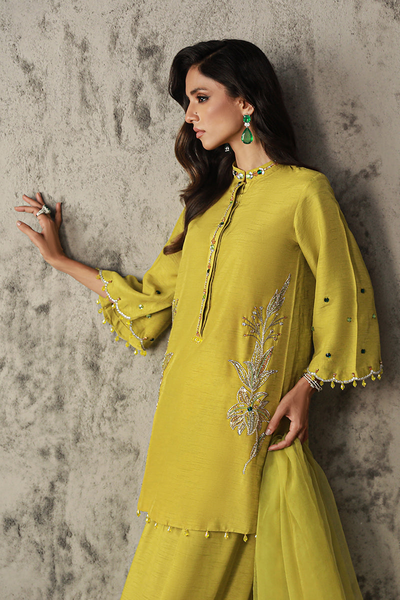 Wardha Saleem | Luxury Pret Traditional Wear | ZAINA L Lime Korean Raw Silk
