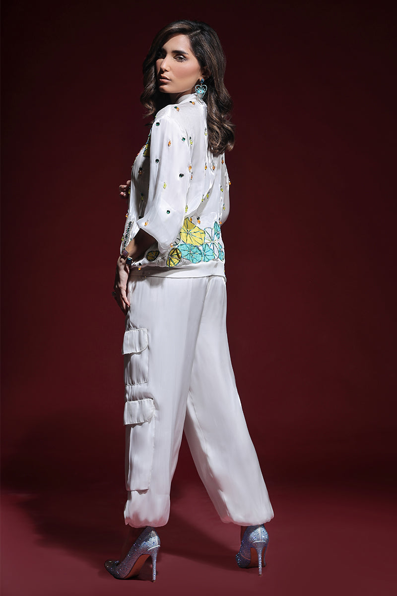 Wardha Saleem | Luxury Pret Fusion Wear | ZARA BOMBER JACKET WITH CARGO PANTS (2PC) XL White Lava Silk