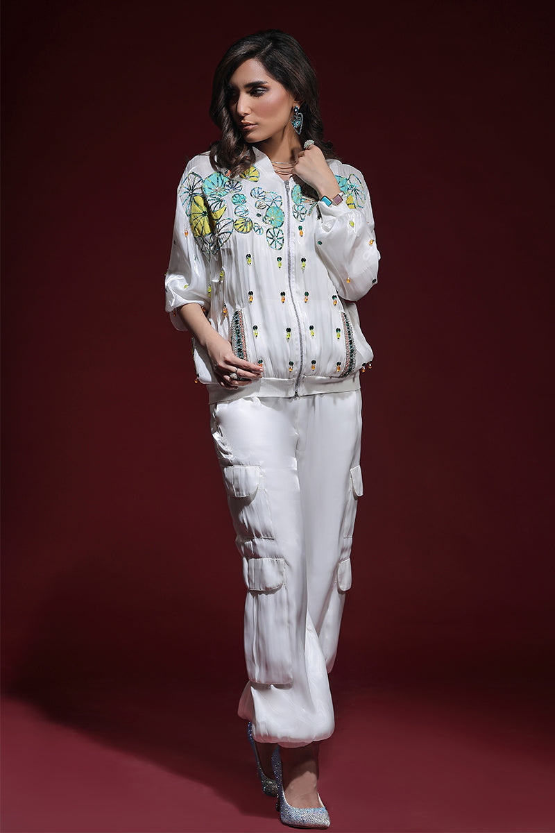 Wardha Saleem | Luxury Pret Fusion Wear | ZARA BOMBER JACKET WITH CARGO PANTS (2PC) L White Lava Silk