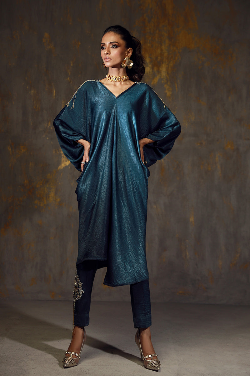 Wardha Saleem | Luxury Pret Fusion Wear | LINA XS Teal Blue Velvet Silk