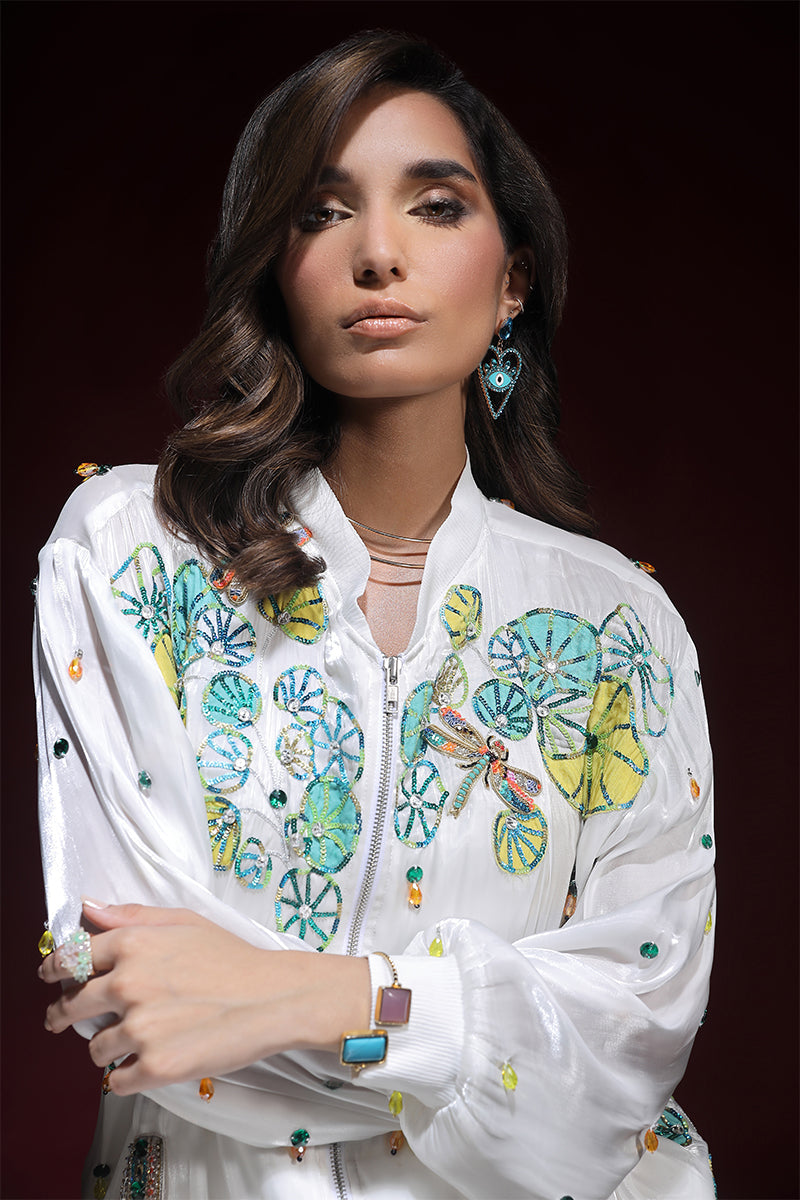 Wardha Saleem | Luxury Pret Fusion Wear | ZARA BOMBER JACKET WITH CARGO PANTS (2PC) M White Lava Silk
