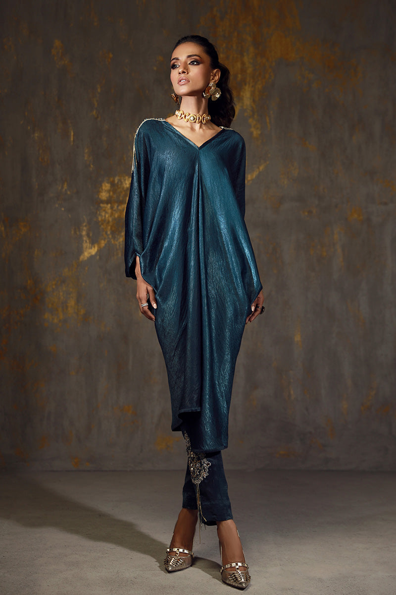Wardha Saleem | Luxury Pret Fusion Wear | LINA XL Teal Blue Velvet Silk
