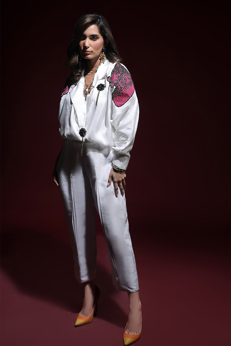 Wardha Saleem | Luxury Pret Fusion Wear | PANTHERA (WHITE) CORD-SET (2PC) S White Korean Silk
