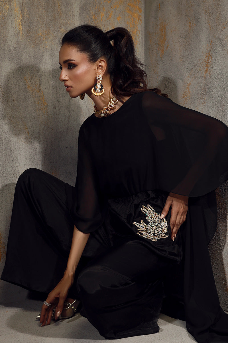 Wardha Saleem | Luxury Pret Fusion Wear | EMI Custom Size Black Crepe Silk