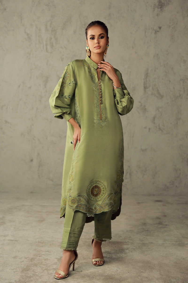 Wardha Saleem | Luxury Pret Traditional Wear | HANIA XS Olive Green Pure Raw Silk