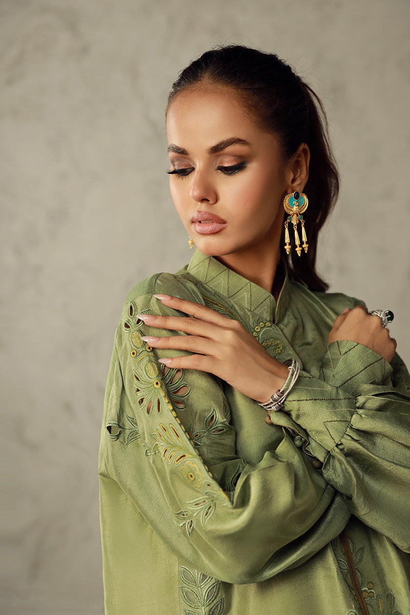 Wardha Saleem | Luxury Pret Traditional Wear | HANIA M Olive Green Pure Raw Silk