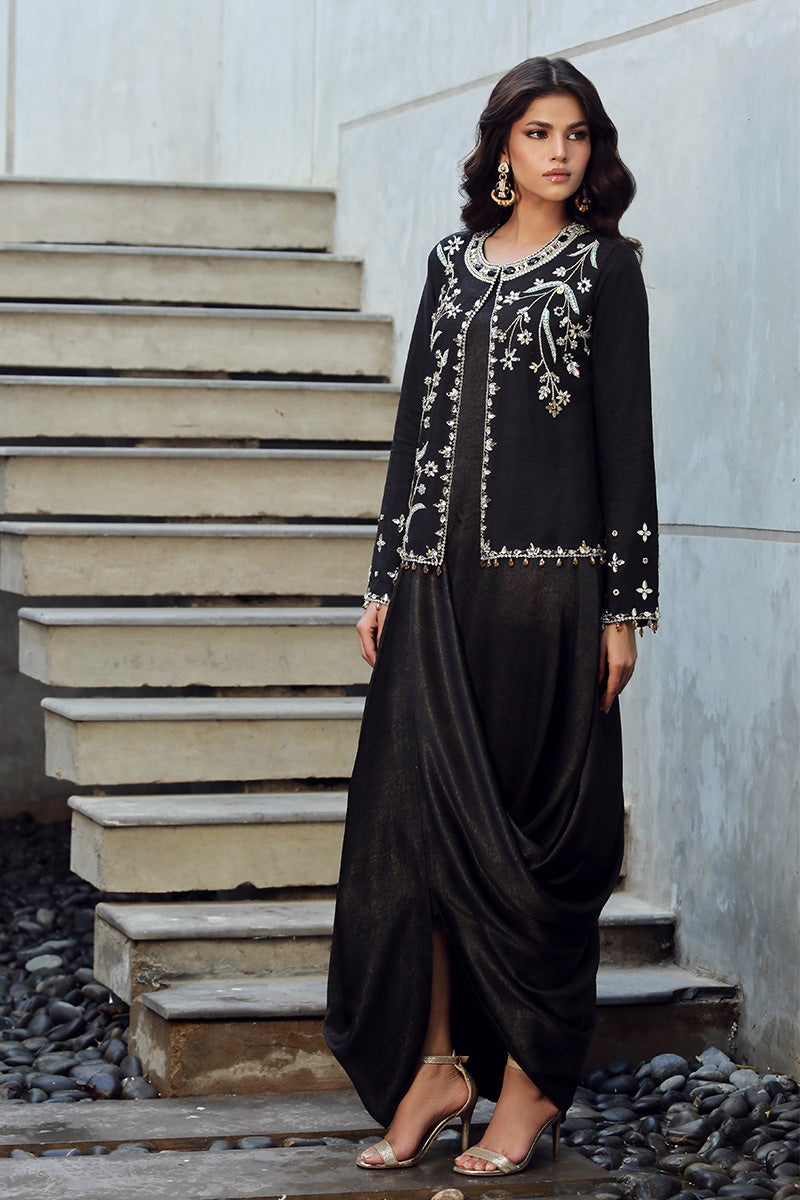 Wardha Saleem | Luxury Pret Fusion Wear | SIA (2PC) Custom Size Black Korean Raw Silk