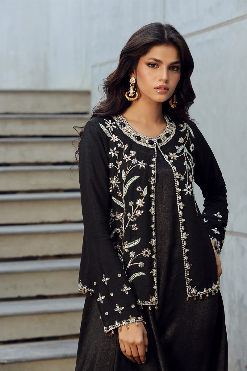 Wardha Saleem | Luxury Pret Fusion Wear | SIA (2PC) XL Black Korean Raw Silk