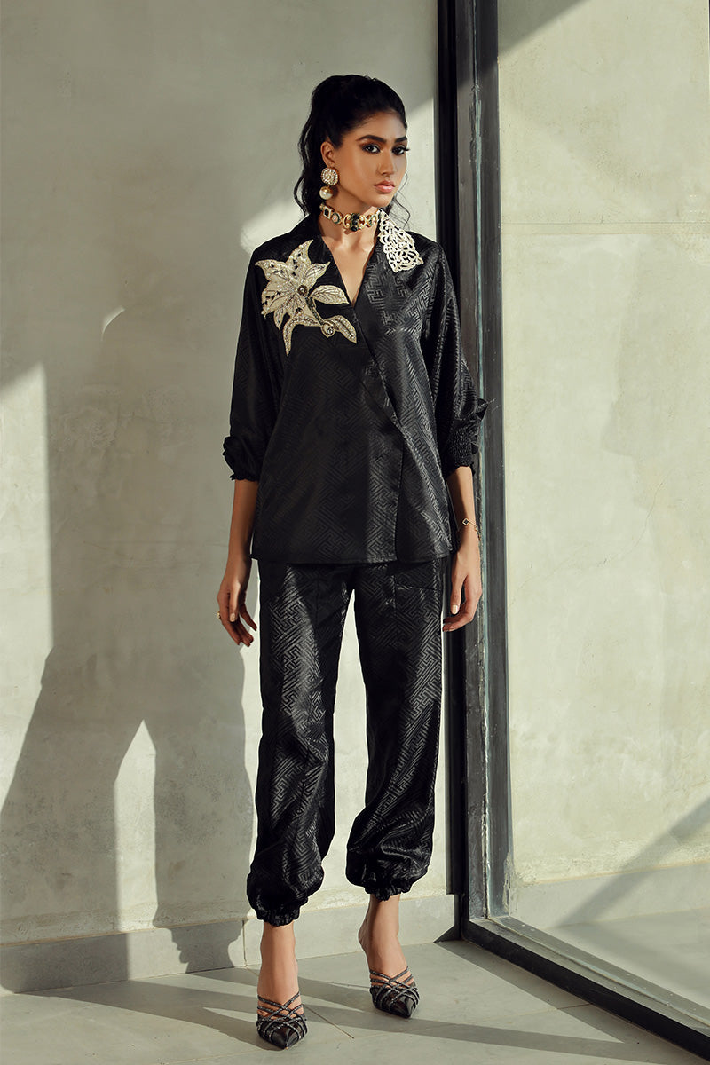 Wardha Saleem | Luxury Pret Fusion Wear | KIERA (2PC) XS Black Embossed Silk