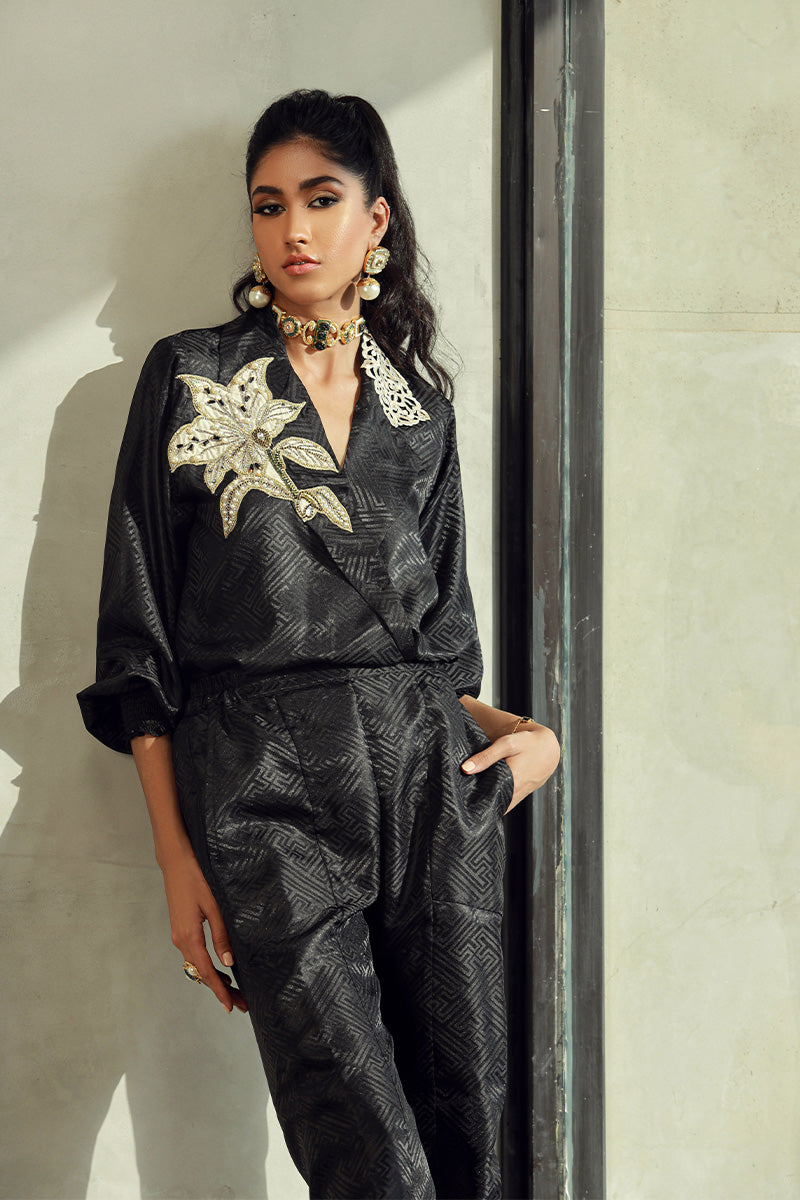 Wardha Saleem | Luxury Pret Fusion Wear | KIERA (2PC) XL Black Embossed Silk